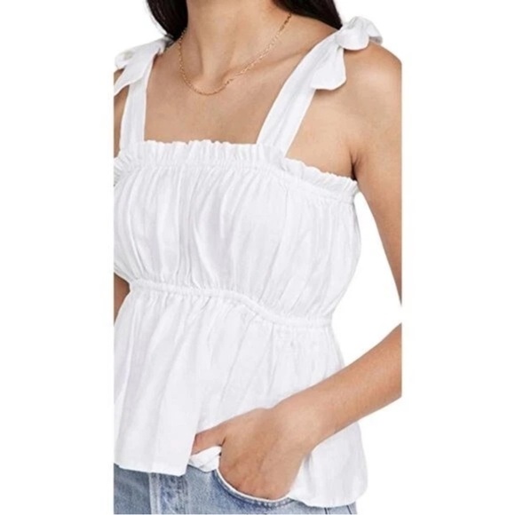 Faithful The Brand Camille Elegant White Linen Ruffle Strap Tank Top. Cropped - Picture 2 of 16